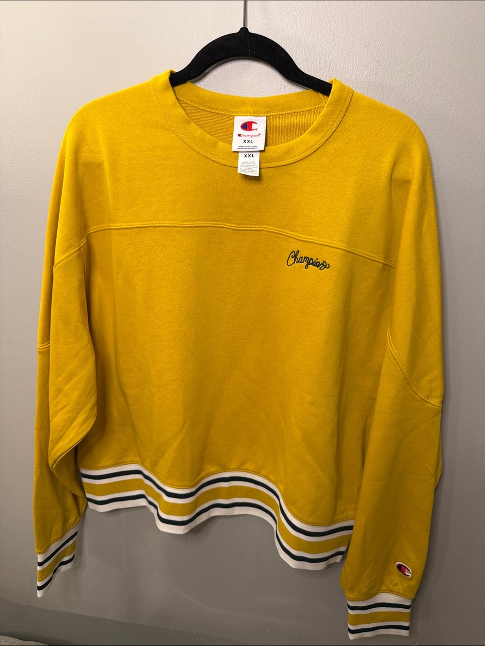 Champion Yellow Crewneck Sweatshirt with Stripe Hem